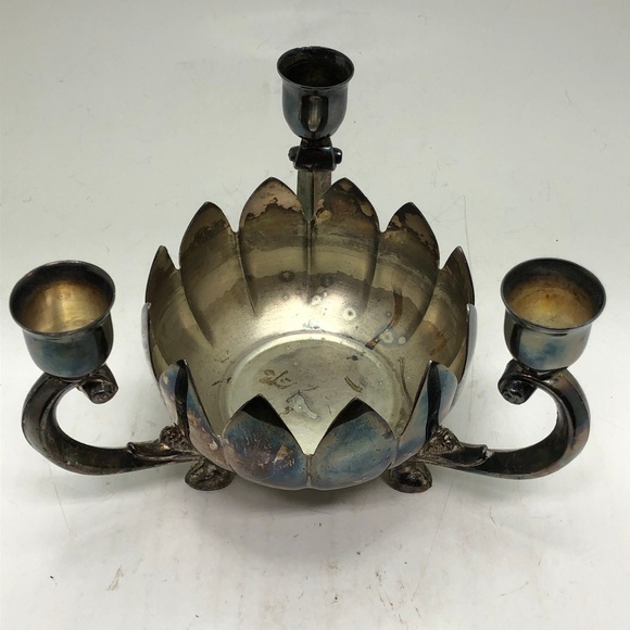 Vintage Leonard Silverplate Lotus Triple Candle Holder - Picture 6 of 8